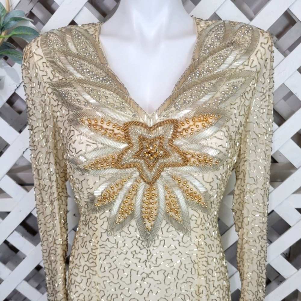 Stunning Vintage Black Tie Cream, Silver and Gold Sequin Open Back Dress Size 8 - Picture 2 of 16